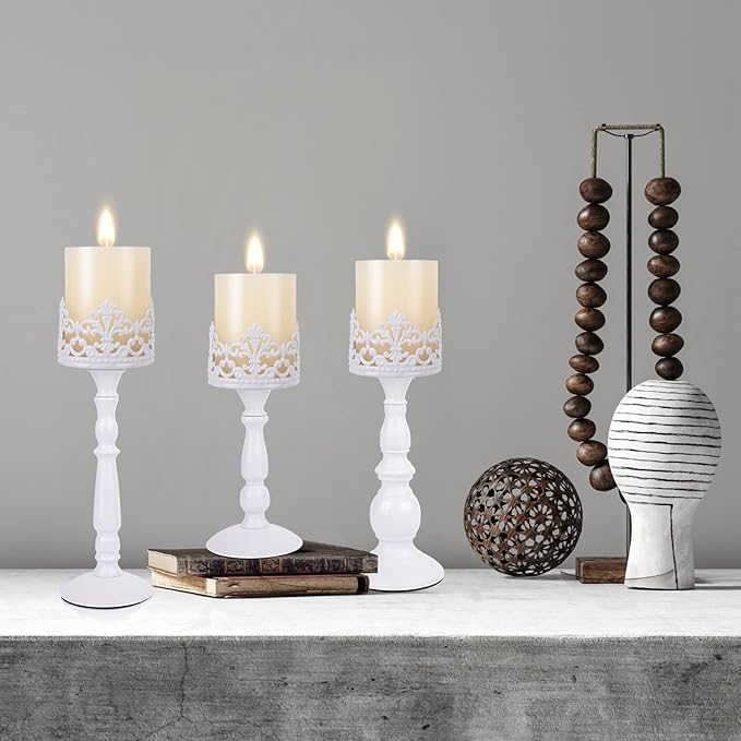 Candle Holders for Pillar Candles Set of 3 White Vintage Tall Candle Holders Decorative Large Table Centerpieces Candle Stand Decor