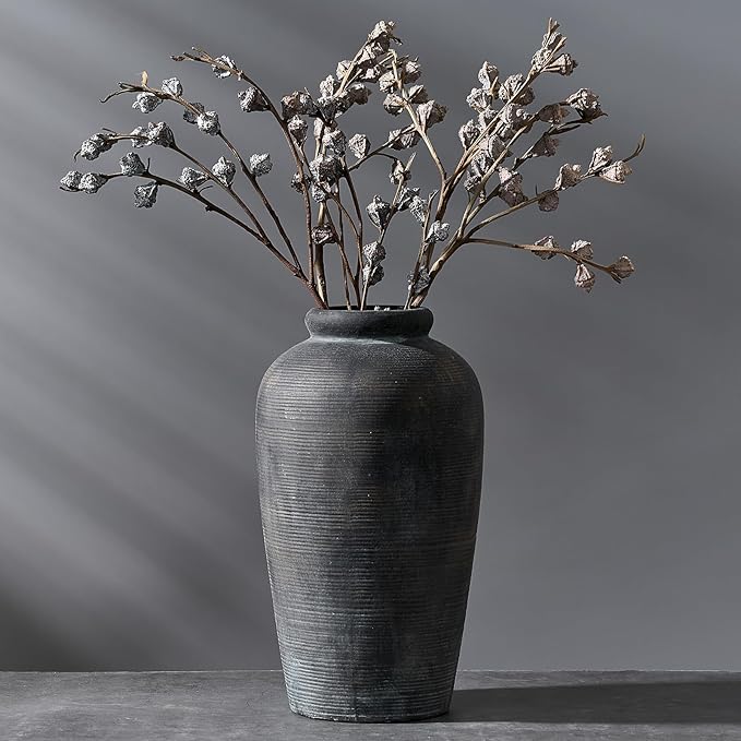 Large Ceramic Rustic Vase, 11 inch Minimalist Decorative Farmhouse Tall Vase for Home Decor, Living Room, Shelf Decor, Enterway, Wedding, Table Decoration, Bronze