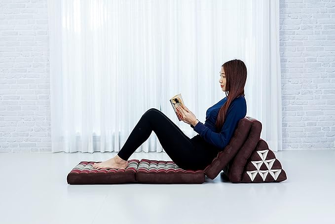 Leewadee Comfortable Japanese Floor Mattress - Thai Floor Bed with Triangle Cushion - Futon Mattress - XL Extra Long Thai Massage Mat, 89 x 20 inches, Brown Red, Kapok Filling