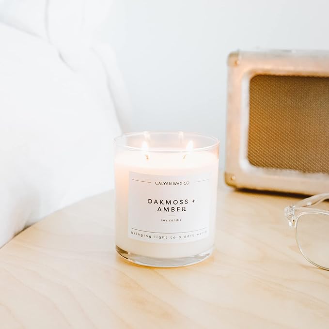 Calyan Wax Co. 2 Wick Candle, Oakmoss + Amber Scented Candle, 37 Hour Burn Time, Aromatherapy Soy Candles, Non Toxic & Vegan Soy Wax, Glass Tumbler Scented Candles, 8.8oz