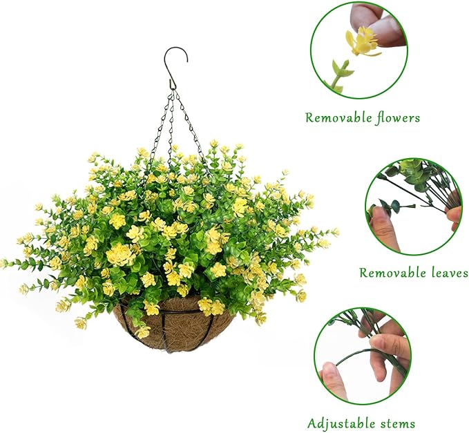 Artificial Hanging Flowers Basket, 12 UV-Resistant Bundles of Realistic Fake Flowers, Faux Plants for Outdoor Decor, Home, Garden, Porch, Patio, Spring & Summer Decorations, Yellow