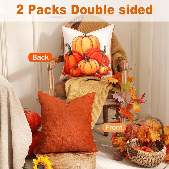 TOYPOPOR Fall Decorations 2 Packs Double Sided Throw Pillow Covers Orange Soft Faux Fur Maple Leaf Pillow Cases Autumn Harvest Thanksgiving Indoor Outdoor Home Decor for Living Room Porch Couch 18x18