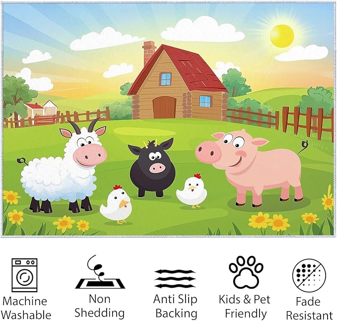 Living Room Area Rug 4x6 ft Cartoon Farm Sheep Pig Washable Non-Slip Area Rug, 3D Print Low-Pile Carpet for Bedroom, Kids Room, Nursery, Home Decor Rugs