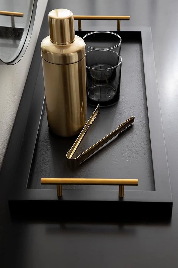 Kate and Laurel Halsey Narrow Rectangle Decorative Wooden Tray with Polished Metal Handles; 24 x 10; Black and Gold; Modern Glam Wood Rectangular Serving Tray for Display or Decoration