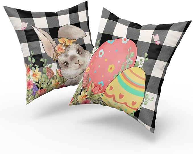 Giwawa Easter Pillow Covers 16x16 Inch, Easter Bunny Eggs Throw Pillowcases with Black White Buffalo Plaids, Cute Rabbit Spring Flower Cotton Cushion Cover for Sofa Couch Bedding Decor, Set of 2