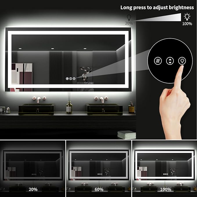 LOAAO 60X36 LED Bathroom Mirror with Lights, Anti-Fog, Dimmable, Backlit + Front Lit, Lighted Bathroom Vanity Mirror for Wall, Memory Function, Tempered Glass, ETL Listed
