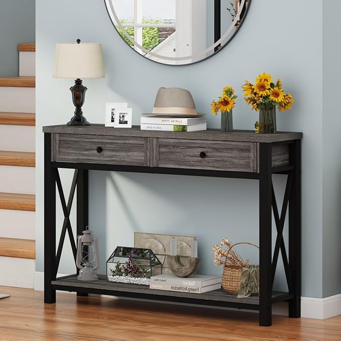 BON AUGURE Sofa Table with Drawers, Console Tables for Entryway, Sofa Table with Storage, Couch Tables for Living Room, Hallway, Foyer, Entry (Dark Grey Oak, 47 Inch)
