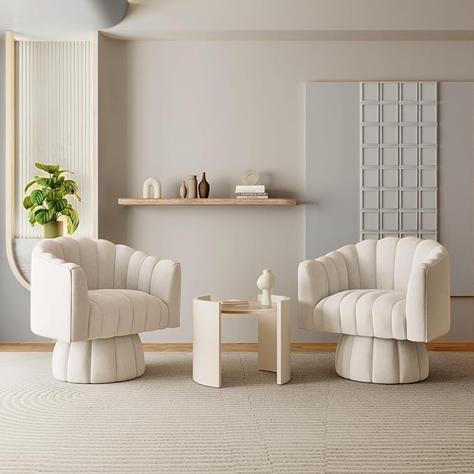 Swivel Accent Chair Set of 2,Mid Century 360° Swivel Barrel Chair,Fluffy Velvet Fabric Chairs,Round Club Arm Chair,Upholstered Single Sofa Seating for Home,Living Room, Bedroom,Waiting Room