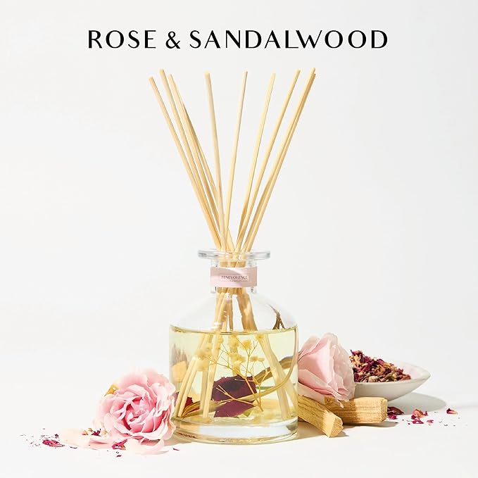 Benevolence LA Reed Diffuser, Rose & Sandalwood Scent Diffusers for Home with Oil Diffuser Sticks | Sun-Kissed Collection
