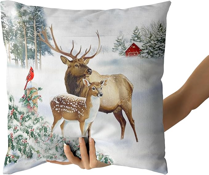 Giwawa Winter Deer Pillow Covers Set of 2, Farmhouse Elk Reindeer Wildlife Cotton Pillow Cases, 20"x20" Xmas Tree Snow Cottage Throw Cushion Covers for Sofa Couch Bedroom Indoor Outdoor Decor