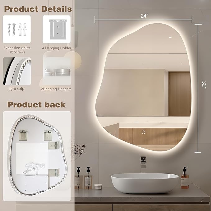Irregular LED Bathroom Mirror with Lights, 32"x24" Anti Fog Frameless Led Bathroom Vanity Mirror, Stepless Dimmable Backlit Mirror for Bathroom Bedroom Living Room, Horizontal/Vertical