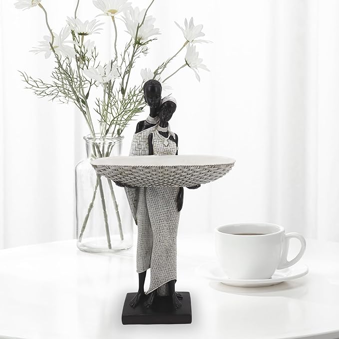 Ivory White African Couple Statue - Minimalist Standing Figure with 7.8" Basket, Resin Home Decor for Small Items, Neutral Shelf Accent (12.5" H)