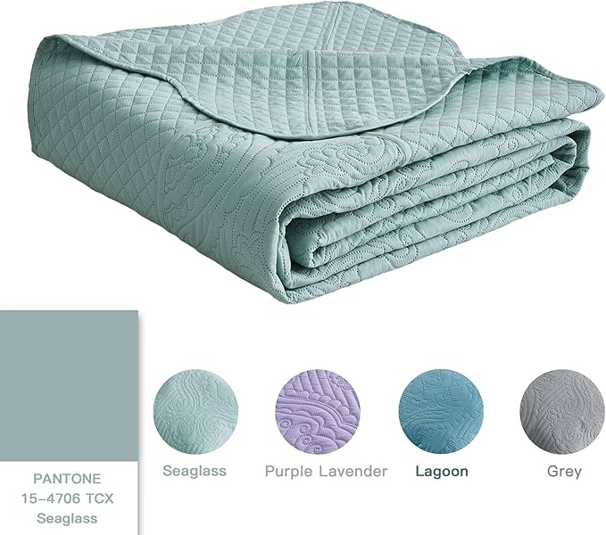 HZ & HY Oversized King Bedspread 128x120 Extra Wide, Ultrasonic Coverlet Bedding Set, Lightweight Thin Comforter, Reversible, 5 Piece, 100% Microfiber, Seaglass