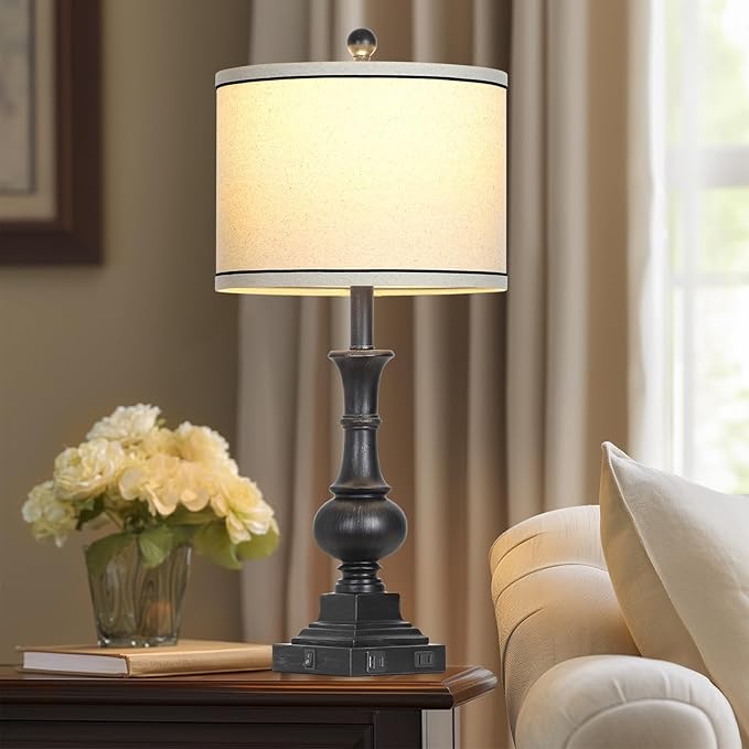 Farmhouse Lamps Set of 2, Antique Vintage Rustic Touch Control Table Lamps with USB A+C Ports & AC Outlet, Retro Classic Bedside Nightstand Lamp for Living Room Bedroom Office Black