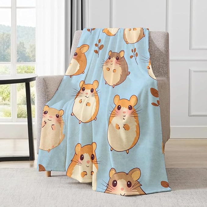 Hamster Blanket - Cute Cartoon Hamsters Light Blue Fleece Throw,Gifts for Kids Adult, Soft & Warm,Lightweight, for Modern Rustic Whimsical Decor, Animal Lovers, and Room Home Accents 50x60in