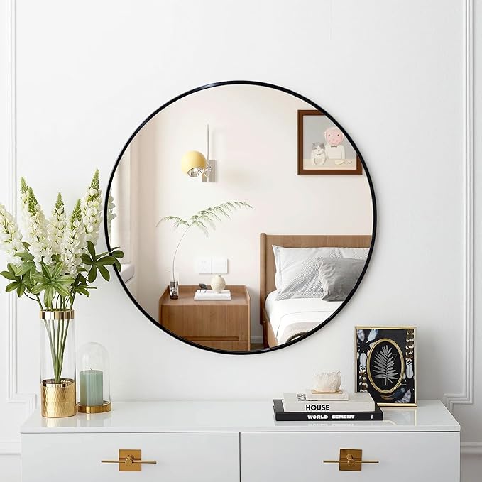 30 inch Round Black Mirror, Brushed Black Metal Framed Circle Wall Mirror for Bathroom Vanity, Bedroom Decor, Living Room, Entryway