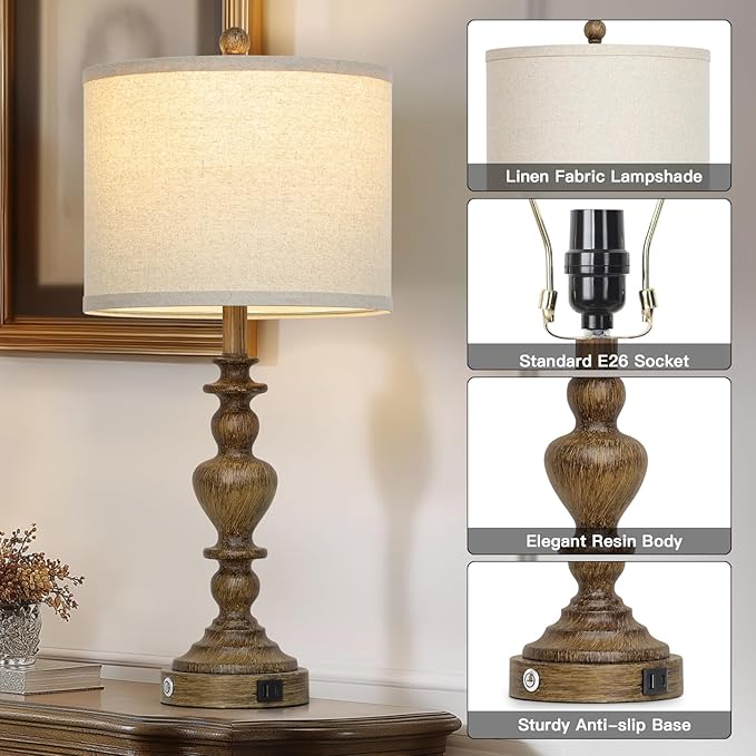 27" Vintage Table Lamps Set of 2, Farmhouse Resin Bedside Lamp with USB C+A Ports & AC Outlet, 3-Way Dimmable Touch Control Lamps for Living Room Bedroom Nightstand Antique Brown Washed Wooden Finish