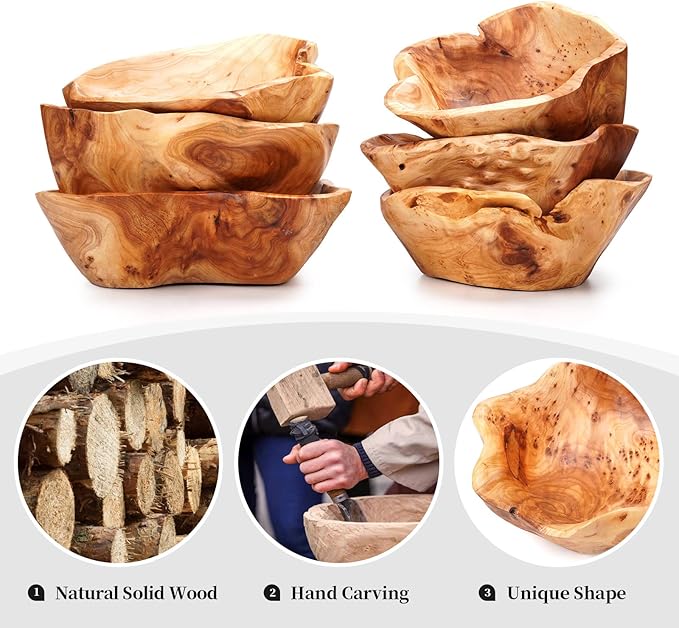 Wooden Bowl for Decor, Natural Shape Solid Wood Carved Fruit Bowl, Decorative Wooden Bowl for Table Centerpiece Office Home Decor, Multipurpose Candy Keys Serving Bowls (Small 8"-10")
