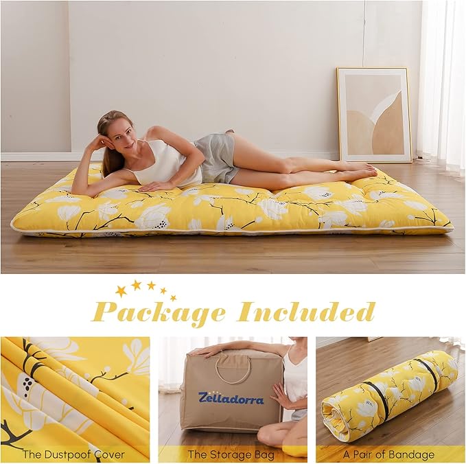 Japanese Floor Mattress, Futon Mattress with Portable Storage Bag and Washable Cover, Roll Up Thick Tatami Mat Suitable for Camping, Guest Room, Yellow Flower, Queen