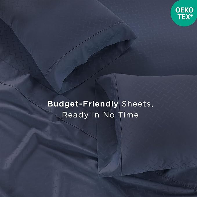 Threadmill Cotton Full Size Sheet Set | 100% Cotton Sheets for Full Size Bed | Damask Jacquard Full Bed Sheets Set with 16” Deep Pocket | Soft Sateen Weave 4-Piece Cooling Bedding Set | Folkstone Blue