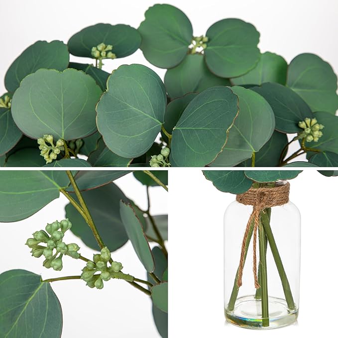Briful Artificial Eucalyptus Stems in Clear Glass Vase with Faux Water, 14" Fake Plant Eucalyptus Leaves for Home Office Farmhouse Wedding Centerpiece Décor
