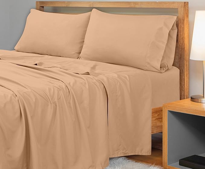 Royale Linens 300 Thread Count 100% Long Staple Combed Cotton Flat Sheet - Super Soft - Top Sheets - Queen Flat Sheet Sold Separately - Breathable, Cool & Crisp Percale Sheets Only (Queen, Sand)