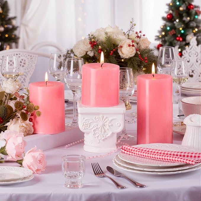 KONNI Pink Pillar Candles Set of 3, 3"x 3" Unscented Pillar Candles Bulk, 30 Hours Long Burning Candles, Smokeless&Dripless Large Round Candle for Wedding, Home Decoration, Parties, Spas, Dinner