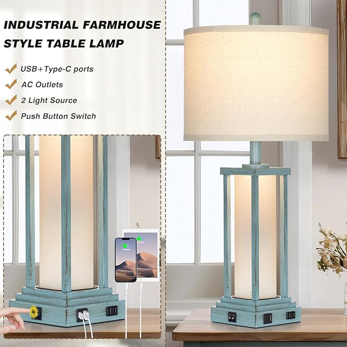 27" Tall Vintage Table Lamp Set of 2 with USB C+A & Outlet,Nightstand Lamp for Living Room,Coastal Bedside Lamps with Frosted Glass Night Light for Bedroom Entryway,Blue