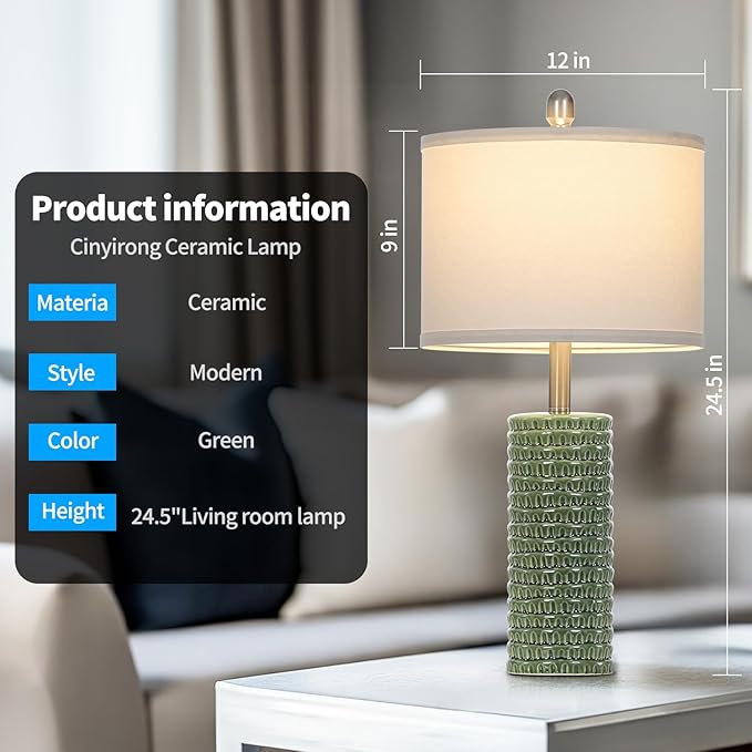 24.5" Green Ceramic Table Lamps Set of 2, Farmhouse Table Lamps for Living Room, Modern Lamps for Bedroom Night Stands, Traditional Nightstand Desk Lamps(LED Bulbs Included)