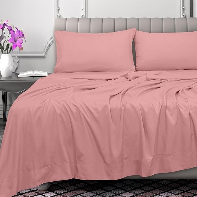 Royale Linens 300 Thread Count 100% Long Staple Combed Cotton Flat Sheet - Super Soft - Top Sheets - Full Flat Sheet Sold Separately - Breathable, Cool & Crisp Percale Sheets Only (Full, Pink)