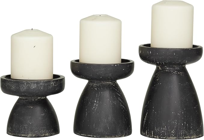 Deco 79 Wood Decorative Candle Holder Candle Stand, Set of 3 Candlestick Holder 6", 5", 4"H, Black