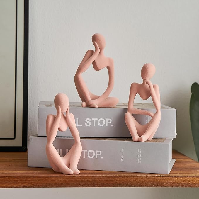 FJS Thinker Statue Shelf Decor - Velvet Collectible Figurines Living Room Decor, Modern Sculptures Home Decorations for Bookshelf Coffee Table Office (Pink Velvet)