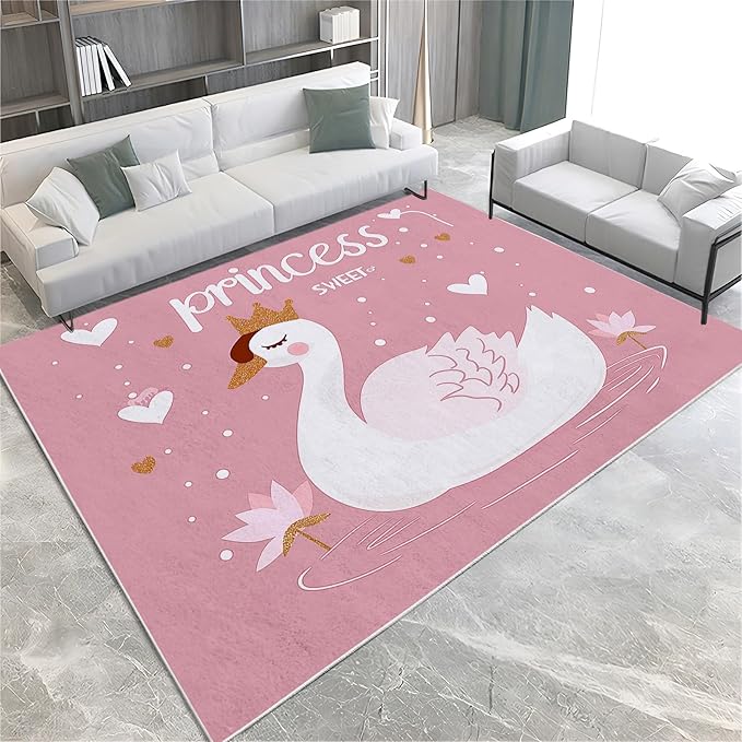 Washable Area Rug 4x6 ft Cartoon Swan Princess Peach 3D Print Area Rug for Living Room Bedroom Kids Room Home Decor Carpet, Indoor Non-Slip Floor Rug Mat, Low Pile Rugs