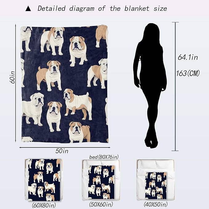 English Bulldog Blanket - Cute Fun Dog Dark Fleece Throw,Gifts for Kids Women, Soft & Warm,Lightweight, for Modern Rustic Decor, Pet Lovers, and Room Home Accents 50x60in