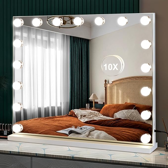 M MIVONDA Large Vanity Mirror with 17 Bulbs Lights, Hollywood Lighted Makeup Mirror for Desk and Wall, Dimmable 3 Lighting Modes, Plug-in & USB Charger Port