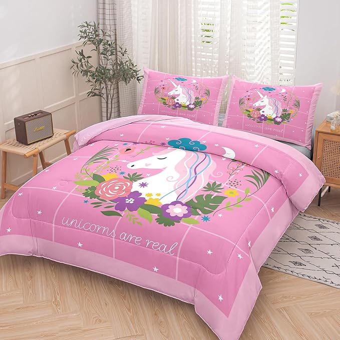 Tailor Shop Girls Unicorn Comforter Set Queen Size Unicorn Pink Bedding Sets for Girls Kids Flower Comforter Set Unicorn Room Decor Ultra Soft Bed Set with 2 Pillowcase…