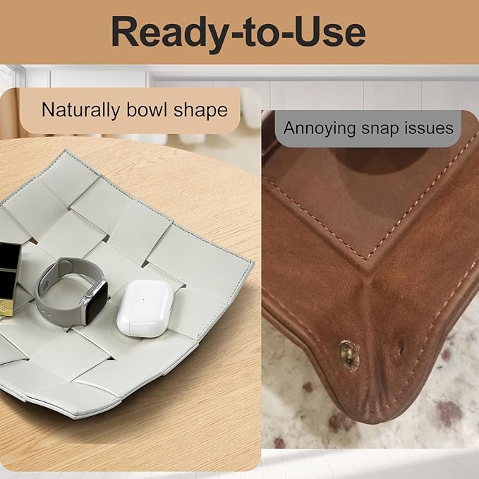 Valet Tray for Men and Women PU Leather Key Holder Bowl for Entryway Table Bedside Nightstand Desk Catchall Organizer Tray for Wallet, Watch, Key, Phone Men's Gift - 9.8" L x 9.8" W x 2" H