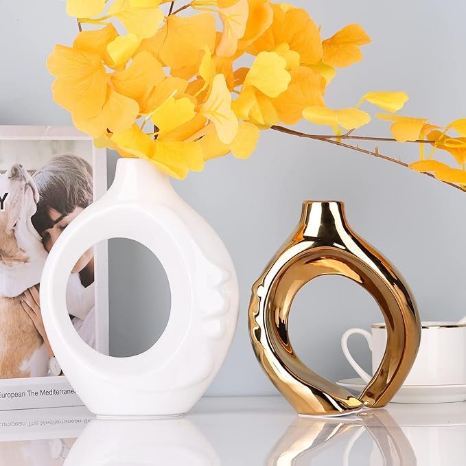 White Gold Ceramic Vase Set of 2 for Modern Home Decor,Round Boho Vase for Pampas Grass,Neutral Minimalist Statue for Dining Room Table Centerpiece Dining Room,Wedding Table Decoration