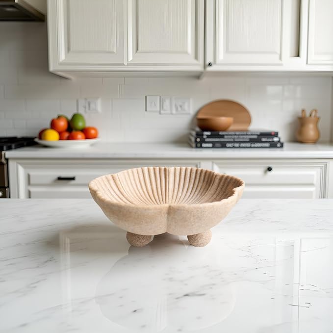Large Decorative Bowl decor, Scalloped Pedestal Bowls for Modern Home Decor,Ruffle Decor,Stylish Key Bowl for Entry Table,Decorative Fruit Bowl for Kitchen Counter, Artificial Stone Beige
