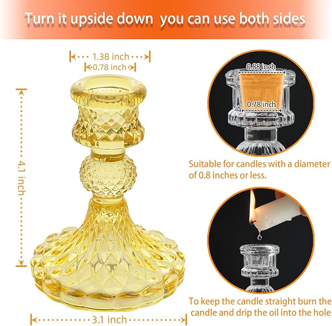 Glass Candlestick Holder,Striped Taper Candle Holders,Set of 6 Candle Stand for Table Centerpieces, Home Decor,Weddings,Festival and Parties (Yellow Dimond)