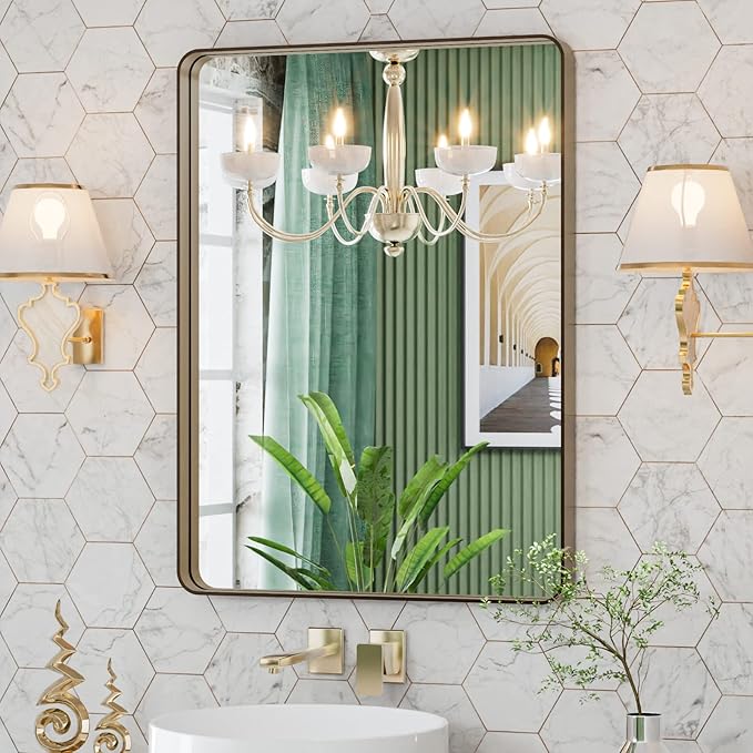 LOAAO 22”X30” Bronze Bathroom Mirrors for Vanity, Rounded Rectangle Brushed Bronze Metal Frame Mirror, Anti-Rust, Hangs Horizontally or Vertically
