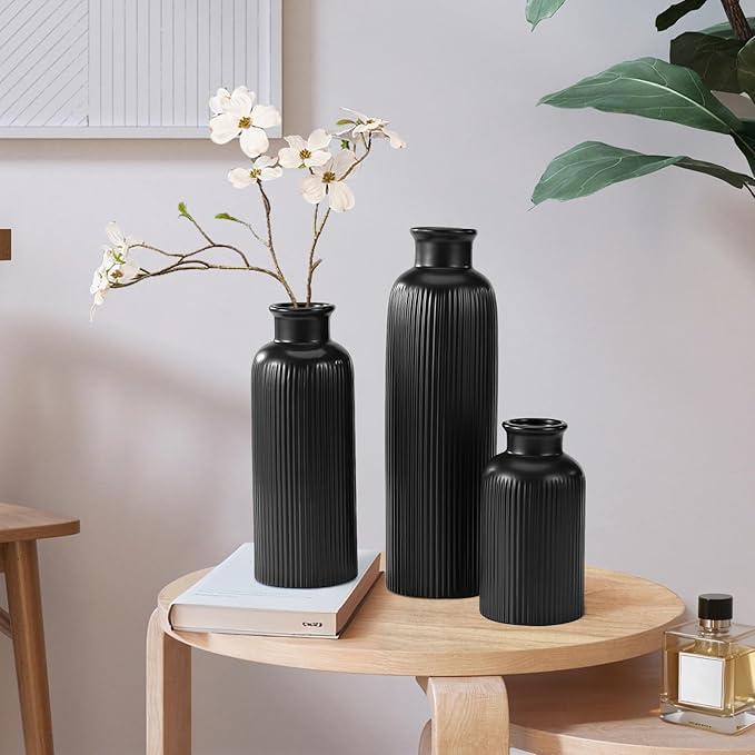 Small Black Ceramic Vase Set of 3, Boho Modern Black Flower Vase Room Decor, Farmhouse Decor, Vases for Your Kitchen, Bathroom, Bedroom, Living Room, Office&Shelf Centerpiece Table Decorations