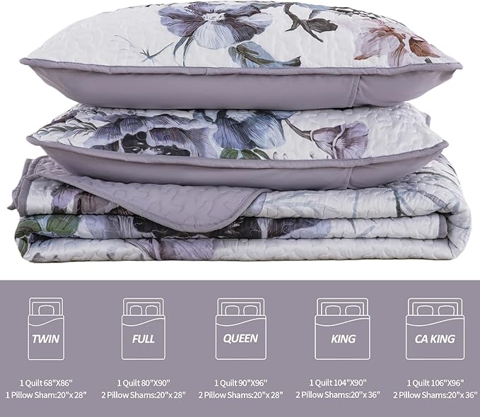 3 Pieces Floral Quilt Set Full Purple Flower Pattern Quilt Coverlet Set Soft Microfiber Lightweight Boho Purple Floral Quilted Bedspread for All Season 80"x90"