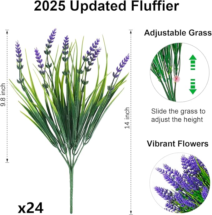 ZINHO 24 Bundles Artificial Flowers Outdoor, Faux Lavender Flowers with Grass UV Resistant Artificial Plants for Outdoor Outside Hanging Planter Window Box Garden Patio Front Porch Decor