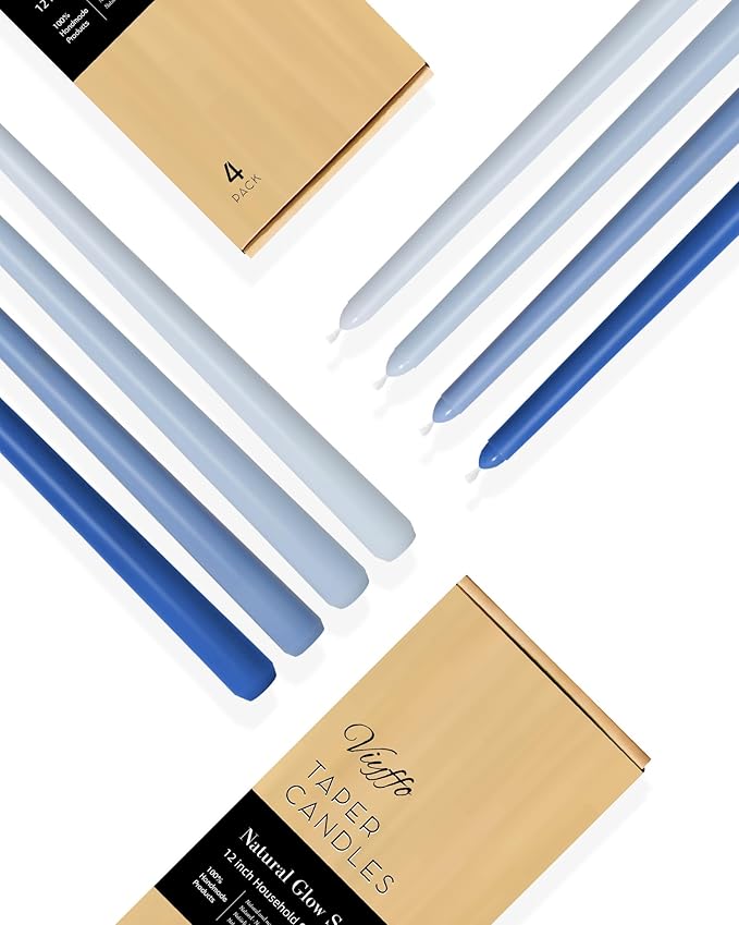Viyffo Taper Candles 12 Inch 4 Pack Blue, 9 Hour Burn Unscented Dripless & Smokeless Decorative Candles for Dinner, Wedding & Home Decor