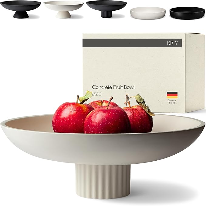 KIVY Concrete Fruit Bowl for Kitchen Counter - Large Decorative Pedestal Bowl for Home Decor - Modern Key Bowl for Entryway Table - White