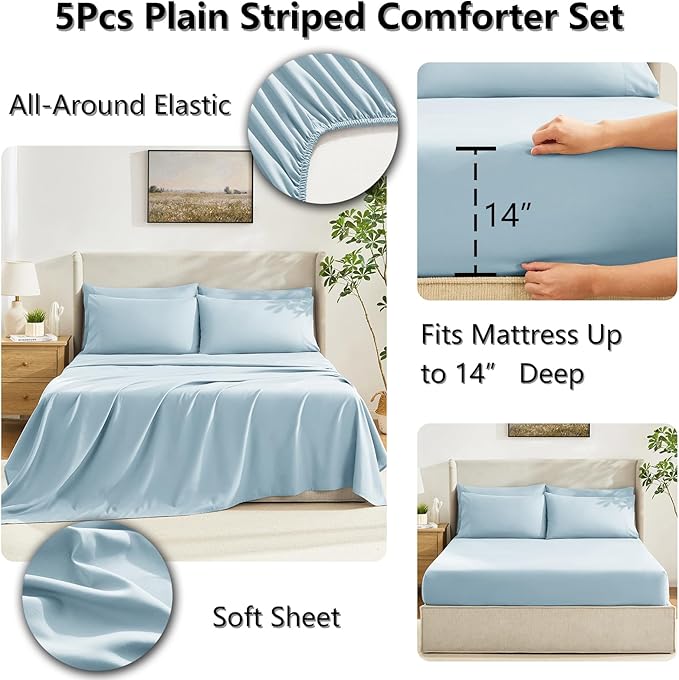 CozyLux Twin XL Comforter Set Light Blue, 5 Pieces Twin Extra Long Bed in a Bag for College Dorm, All Season Bedding Set with Stitch Quilted Comforter, Flat Sheet, Fitted Sheet, Pillowcases