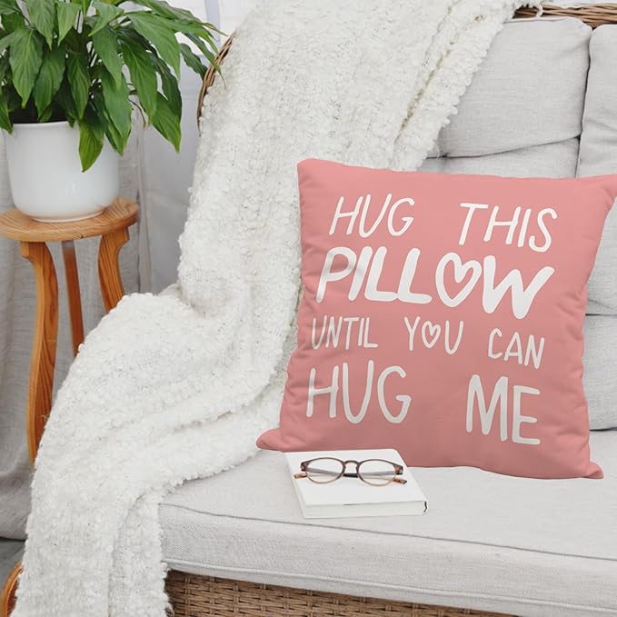 Sufamb Hug This Pillow Until You Can Hug Me Throw Pillow Covers Decor, 18'' x 18'' Pillow case, Boyfriend Girlfriend Birthday Gifts，Long Distance Relationships Gifts， Valentine's Day Gifts (Pink)
