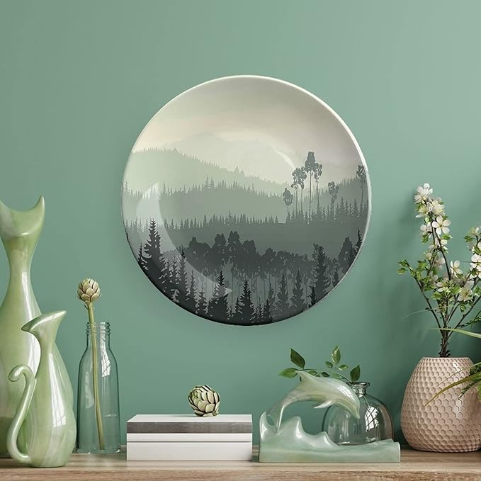 XISUNYA 10 Inch Decorative Plate, Landscape Tableware Plate, Panorama of Valley and Misty Forest of Pine Trees Print Ornament Display Plate Decor Accessory for Dining, Parties, Wedding