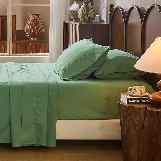 100% Linen Sheet Set King Size Extra Deep Pocket Fits 18-24 Inch Mattress, Breathable & Soft, Smooth 4-Piece Set for Thick Mattresses Hotel Luxury Bedding（King, Sage Green）